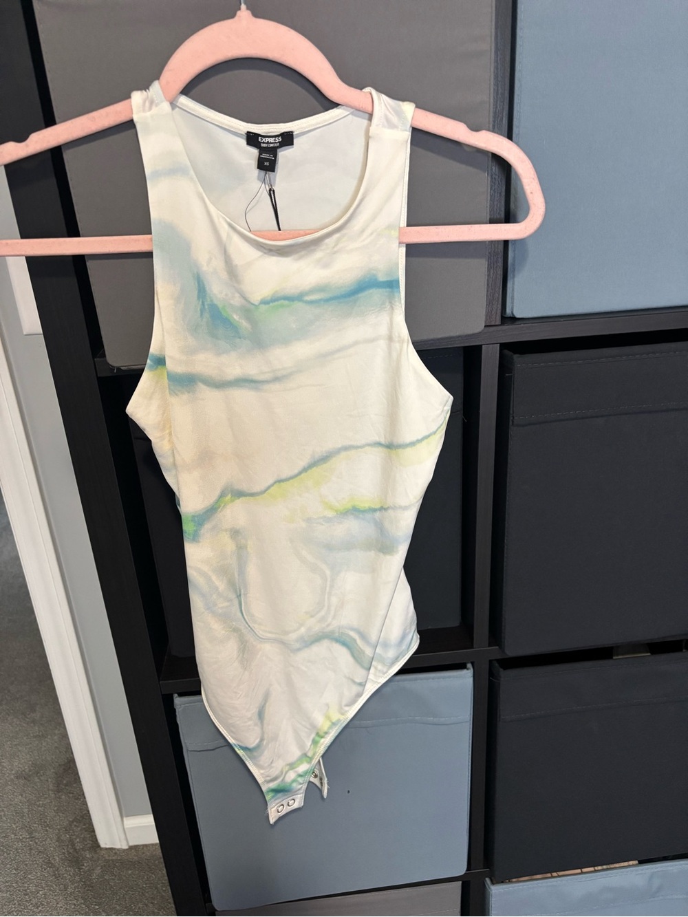 Express White Tie-Dye Tank Bodysuit with Blue & Green Streaks
